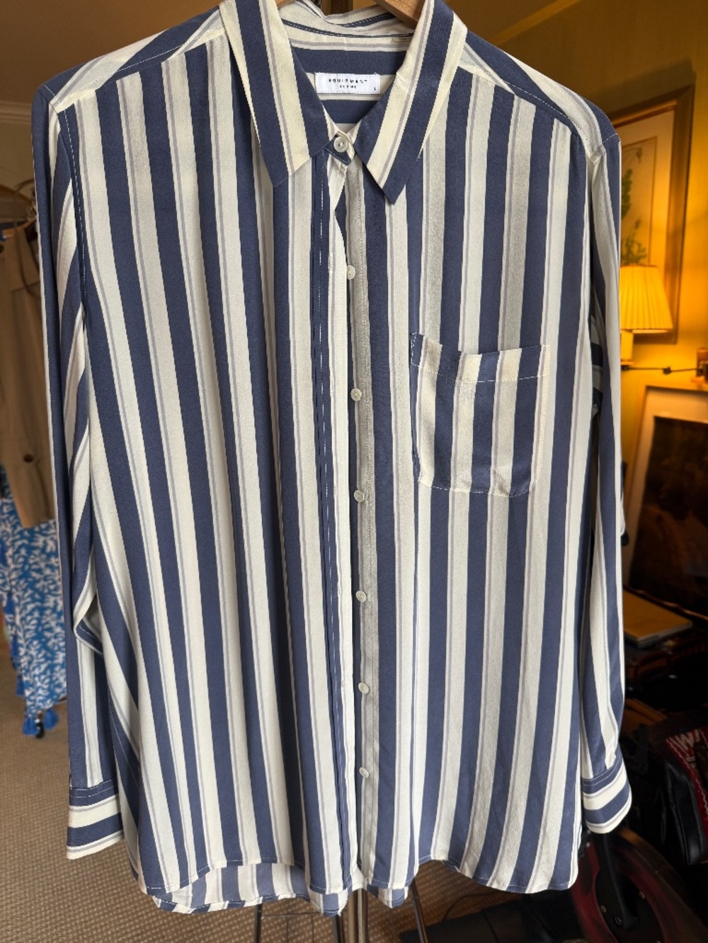 Equipment Signature Blue and Ivory Striped Silk Button-Down Blouse